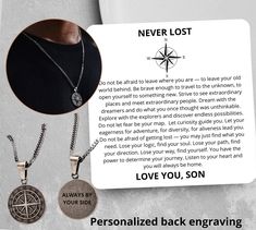 As your son embarks on a new chapter in his life, offer him the Guiding Light Personalized Compass Necklace, a heartfelt graduation gift from both mom and dad. Crafted with love and precision, this compass pendant carries a hidden message inside, symbolizing our unwavering support and love for him. The engraved compass represents guidance, while the hidden message within holds the secrets of our deepest affection. Imagine his joy as he discovers the heartfelt words, reminding him of our endless love and encouragement. This customized keepsake is more than just a necklace; it's a tangible expression of our pride in his achievements and our belief in his future. gift for son on a wedding day Introducing our exquisite Personalized Compass Necklace For Men! Crafted with utmost attention to det Graduation Gift For Son, For Son From Mom, Engraved Compass, Compass Pendant, Hidden Message, Guiding Light, To My Son, Compass Necklace, Heartfelt Gifts