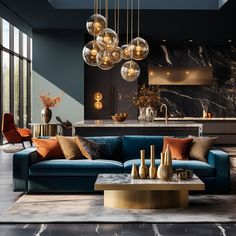 a living room filled with furniture and lots of lights hanging from it's ceiling