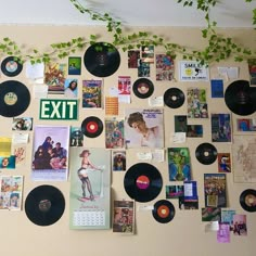 there are many records on the wall with plants growing out of them and an exit sign