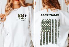 Customize your Army Mom tshirt with your soldier's last name on the back above the camouflage American flag.  We can accommodate up to 15 letters but please be advised that the text may be smaller to fit it on the shirt. Perfect tee for the new Army Mom, seasoned Army Mom, or a Veteran's Mom. Please message us if you have any questions! GILDAN 18000 UNISEX SWEATSHIRT ✨ 50% cotton, 50% polyester ✨Medium-heavy fabric (8.0 oz/yd² (271.25 g/m ✨Loose fit ✨Sewn-in label ✨Runs true to size BELLA CANVAS Air Force Girlfriend Shirts, Air Force Wife Shirt, Air Force Mom Shirt, Army Girlfriend Shirts, Army Wife Life, Army Mom Shirts, Airforce Wife, Military Pride, Military Girlfriend