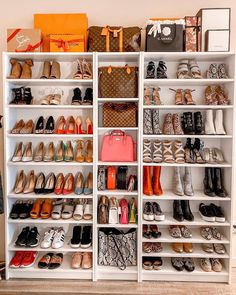 a closet filled with lots of different types of shoes and purses next to each other