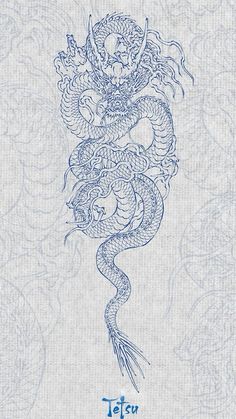 a blue drawing of a dragon on a white background