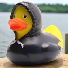 a rubber duck sitting on top of a wooden dock