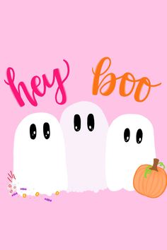 there are three ghostes with the words boo on their faces and one has a pumpkin in its mouth