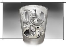 an image of a glass with drawings on it in the shape of a clock tower