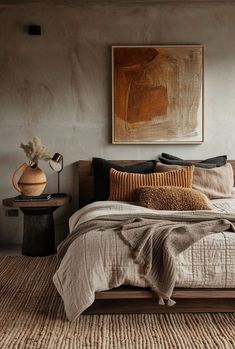 Japandi bedroom showcasing a neutral color palette and minimalist furniture Scandinavian Rustic Interior Bedroom, Colorful Sophisticated Decor, Neutral Color Bedding, How To Style Throw Blanket On Bed, Wooden Bed Frame Styling, Rustic Interior Design Bedroom, Rustic Bedroom Aesthetic, Color Combinations Bedroom, Bed Inspo Aesthetic