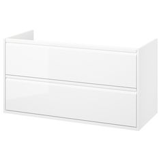 a white dresser with two drawers on the top and bottom drawer, against a white background