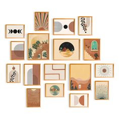 an assortment of art pieces displayed on a white wall with multiple frames in different shapes and sizes