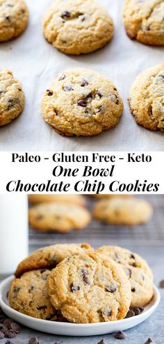 chocolate chip cookies on a plate and in the background