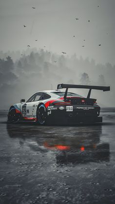 a race car driving on a wet track with birds flying in the sky behind it