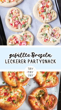 several small pizzas with different toppings are on a baking sheet and in the background there is a text overlay that reads, goulette bregeen lecker party snack