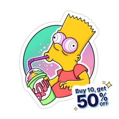 a sticker depicting the simpsons drinking from a can with 50 % off on it