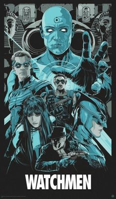 the movie poster for watchmen, with characters in blue and yellow on black background