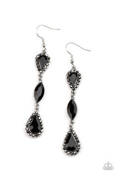 A trio of teardrop and marquis cut black gems fall in succession from the ear. The teardrops are set in silver frames studded with hematite rhinestones for a sparkly finish. Earring attaches to a standard fishhook fitting. Sold as one pair of earrings. Teardrop Silver Earrings, Black Gems, Prom Jewelry, Silver Frames, Paparazzi Accessories, Black Jewelry, White Rhinestone, Black Necklace, Black Earrings