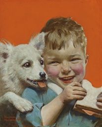 a painting of a young boy holding a dog and eating something out of his mouth