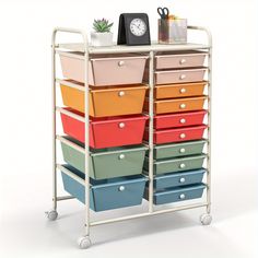 a multicolored cart with many drawers and a clock on it's side