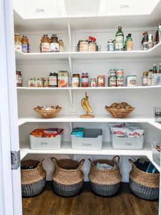 an organized pantry with baskets and food items