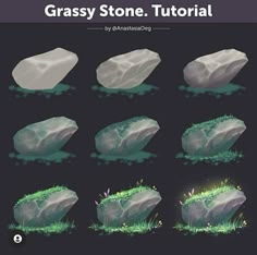 some rocks and grass with the text grassy stone tutorial written below on it