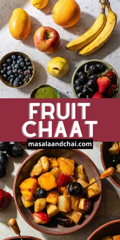 fruit chaat is served in bowls and on the table with berries, oranges, bananas