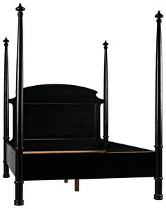 a black bed with four posts and no headboard or foot board is shown in front of a white background