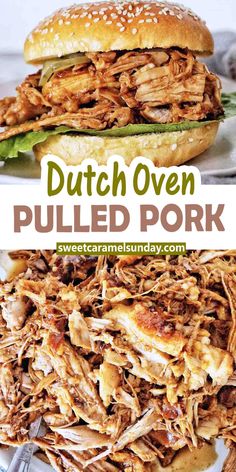 Burger stuffed with Dutch Oven pulled pork with pickles and lettuce. Text is written between 2 images. Dutch Oven Pulled Pork, Pulled Pork Oven Recipe, Oven Pulled Pork, Pork Loin Pulled Pork, Pork Loin Oven, Pulled Pork Sauce, Pulled Pork Oven, Barbeque Pork, Bbq Pork Sandwiches