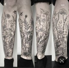 the legs are covered with tattoos and flowers on them, while there is also a black and white photo