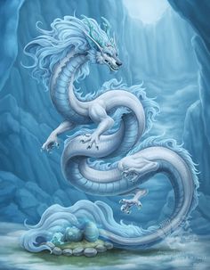 a white dragon sitting on top of an ice cave