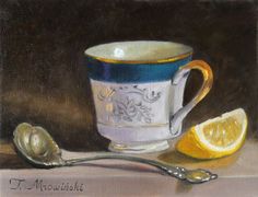 a painting of a cup and spoon with lemons on the table next to it