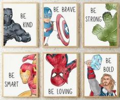 four pictures of avengers and captain america with the words be brave, be strong, be loving