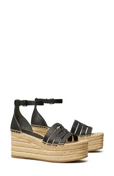 A dimensional Double-T logo stands out atop the strappy vamp of an espadrille-inspired sandal lifted by a jute-wrapped platform and wedge heel. 3" heel; 1 3/4" platform (size 8.5) Adjustable ankle strap with buckle closure Leather upper and lining/rubber sole Imported Wedge Sandals, Espadrilles Platform, Platform Wedge Sandals, Platform Wedge, Wedge Sandal, Sandal Women, Platform Wedges, Wedge Heels, Ankle Strap