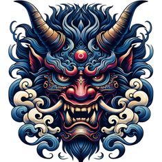 Confront the fierce oriental demon, intricately designed with mystical swirls, channeling the depth of Eastern folklore. Clothing Doodles, Oni Mask Tattoo, Hannya Mask Tattoo, Chrysanthemum Tattoo, Mask Tattoo, Arm Band Tattoo, Japan Tattoo, Japanese Tattoo Designs