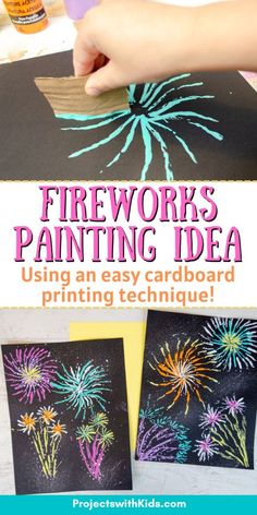 fireworks painting idea using an easy cardboard print technique for kids to do on the table