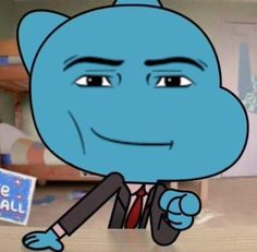 an animated blue man in a suit and tie pointing to the side with his finger