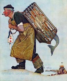 an image of a man with a fish on his back and the caption for norman rockwell