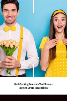 Man holding a bouquet of tulips, smiling, wearing a yellow bow tie and suspenders, standing next to a surprised woman in a polka dot dress against a blue background.