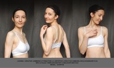 three different pictures of a woman wearing a white bra and showing her breast before and after surgery