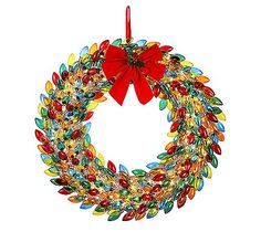 a christmas wreath with red bow hanging from the side on a white background, decorated with multicolored glass beads