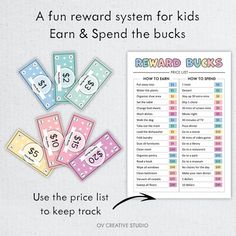 reward system for kids earn and spend the bucks use the price list to keep track