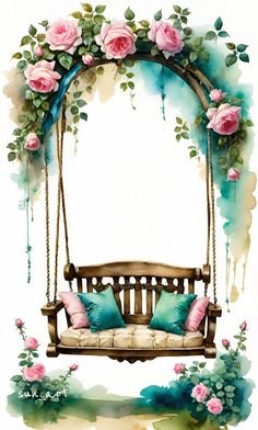 a watercolor painting of a swing with pink roses on it and green leaves around the seat