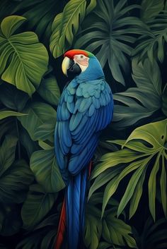 a painting of a colorful parrot perched on a tree branch in front of green leaves