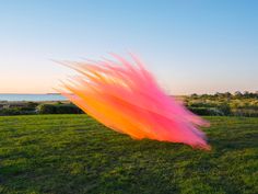 a pink and orange object in the middle of a field