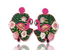 Off Park�� Collection, Pink/Green Left & Right Flamingo Earring with Pushback Closure. Measures Approximately 3"L X 2"W Flamingo Earrings, Left And Right, Pink And Green, Flamingo, Green, Pink