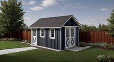 a small blue and white shed sitting on top of a lush green field