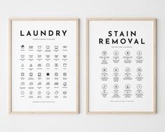 two framed posters with laundry symbols on them