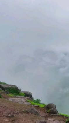 a man standing on top of a mountain next to a lush green hillside