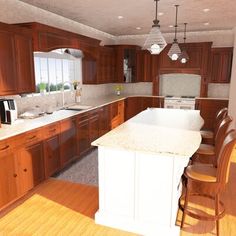 a large kitchen with wooden cabinets and white counter tops, along with an island in the middle