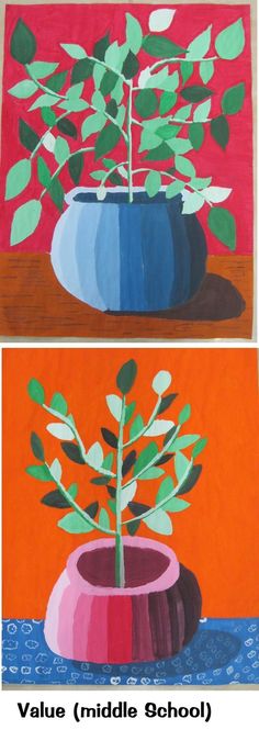 two paintings of green plants in vases on red and blue background with words value middle school