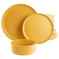 yellow dinnerware set on white background with clipping for text or image to be read