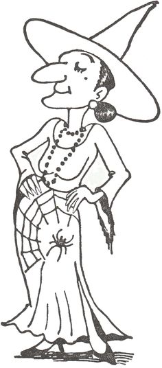 a black and white drawing of a woman wearing a hat with a spider web around her neck