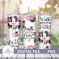 three personalized tumbles with cross and flowers